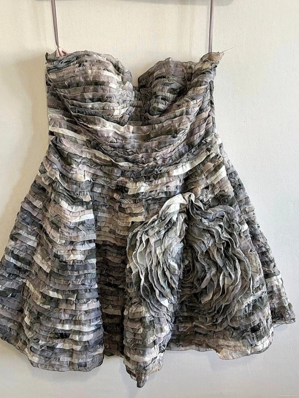 Diane Von Furstenberg Strapless Silk Delaney Dress womens 14 Gray A-line Ruffle